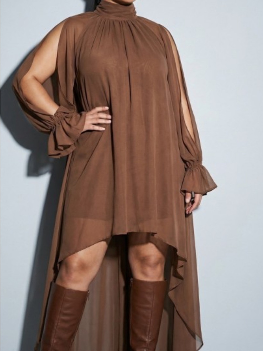 Plus High-Neck Brown High-Low Dress with Split Bishop Sleeves